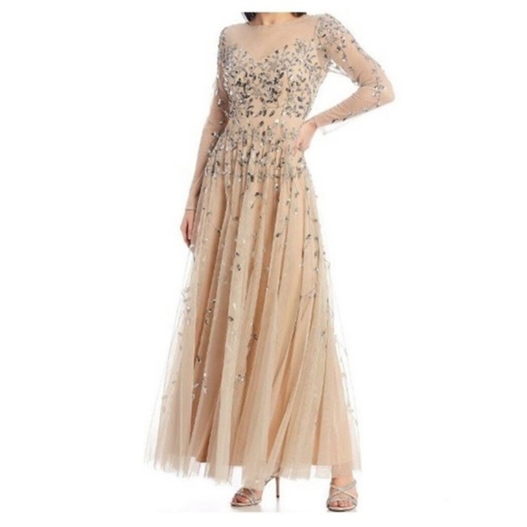 Adrianna Papell Beaded Sheer Long Sleeve V-back Ballgown in Silver/Nude - Picture 2 of 9
